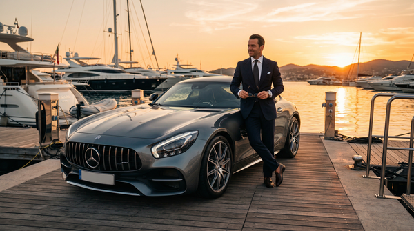Mercedes-AMG GT at private marina during golden hour, exuding opulence