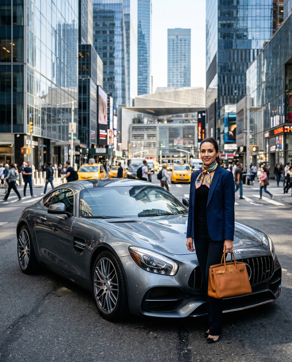 Mercedes-AMG GT in metropolis, amidst skyscrapers and luxury fashion