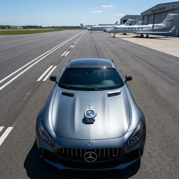 Mercedes-AMG GT on private runway with luxury accessories
