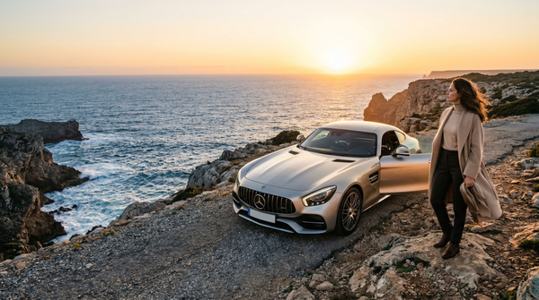 Mercedes-AMG GT at sunrise seascape with opulent elegance