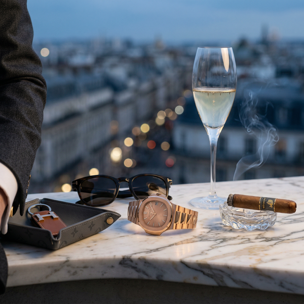 Close-up Patek Philippe on Calacatta marble balcony with Cristal