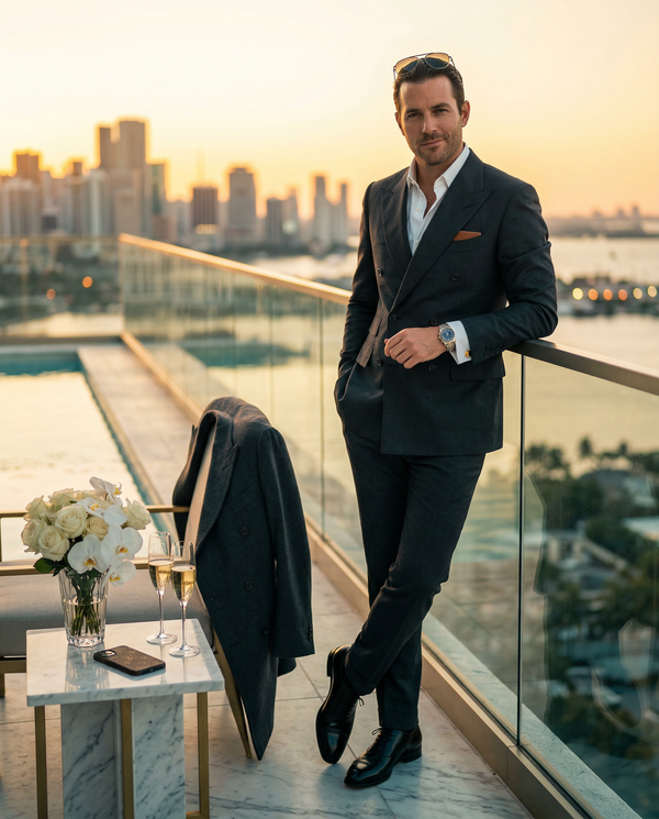 Well-dressed man in Tom Ford suit on Miami penthouse terrace