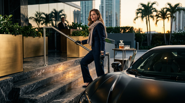 Low-angle shot of a woman exiting Ferrari at Miami penthouse entrance