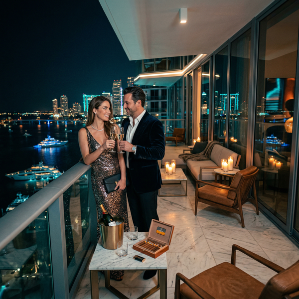 Night balcony scene with glamorous couple and Miami skyline lights