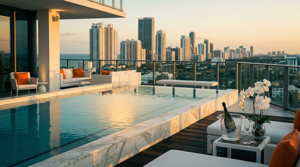 Miami penthouse terrace golden hour panorama with infinity pool