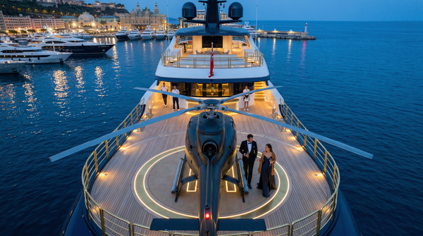 Aerial blue hour Monaco helipad with helicopter, couple and superyacht