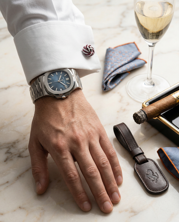 Close-up Patek Nautilus on wrist over Botticino marble with Cristal