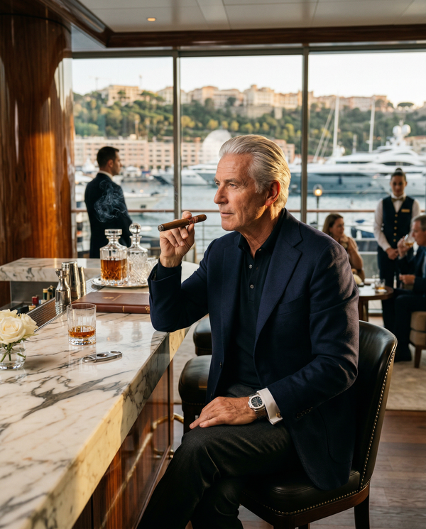 Members-only yacht club lounge portrait with marble bar and cigar