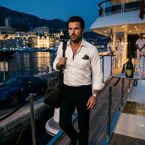 Night arrival on yacht gangway with Tom Ford-clad owner and Dom Pérignon