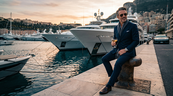Monaco harbor golden hour portrait with superyacht and Dom Pérignon