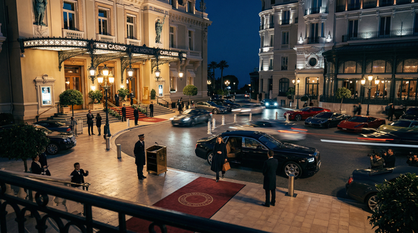 Aerial night view of Monte Carlo casino marquee with valet Rolls