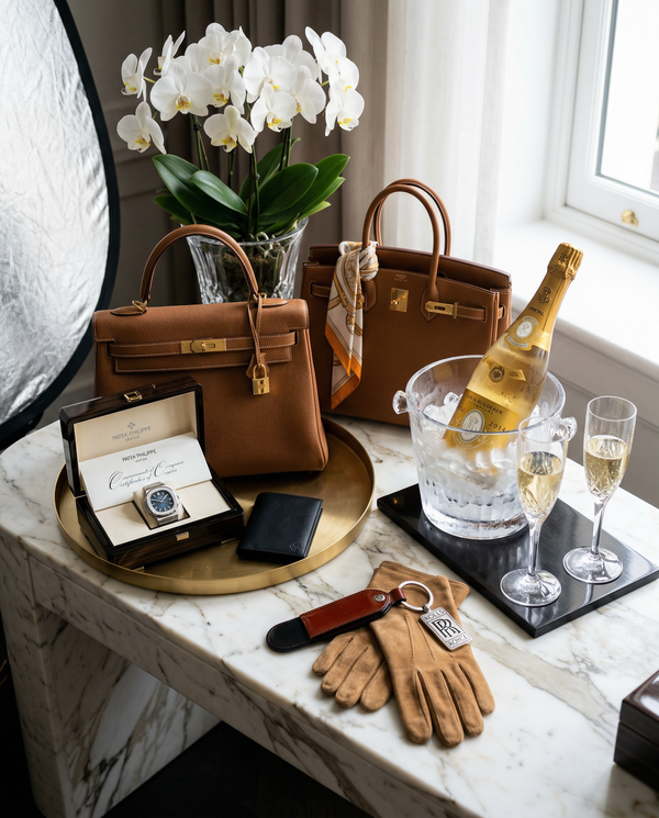 Hermès Birkin and Cristal on Calacatta marble luxury still life