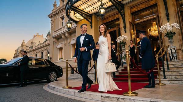 Dusk Monte Carlo casino entrance with luxury couple