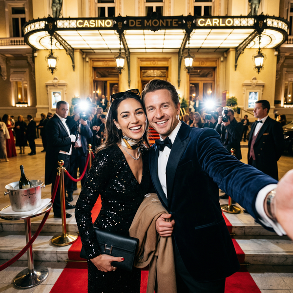 Red carpet selfie couple at Monte Carlo casino with Dom Pérignon