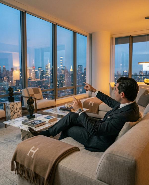 Penthouse view overlooking a vibrant city skyline, symbolizing high-end lifestyle