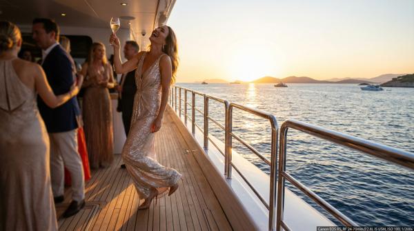 Sunset yacht party with elegant guests enjoying a lavish evening on the water