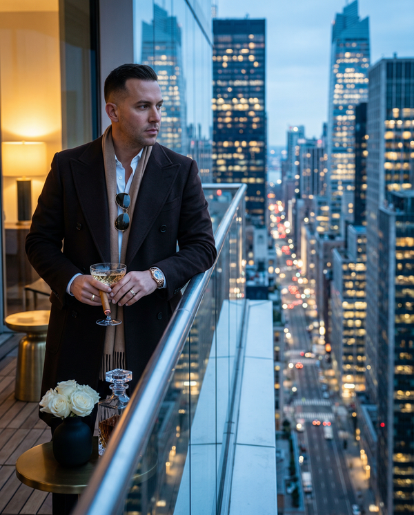 Blue-hour Manhattan balcony portrait with Tom Ford-clad owner