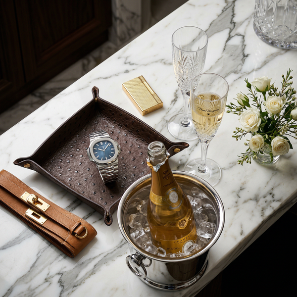 Patek Nautilus and Dom Pérignon on Calacatta marble closeup