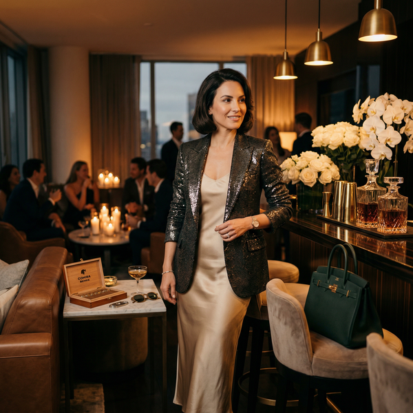 Penthouse cocktail lounge host with Hermès and Brunello Cucinelli