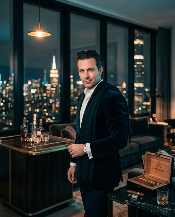 Night penthouse portrait with Tom Ford-clad owner and skyline