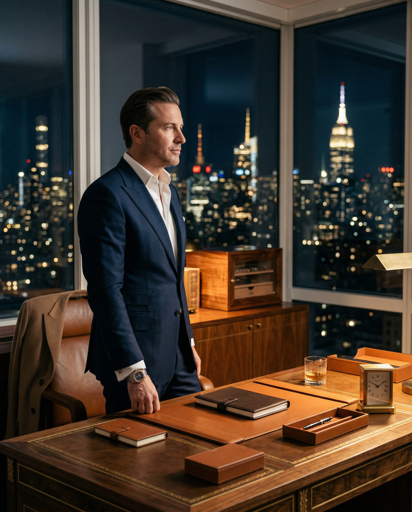 Night office portrait of founder with Tom Ford suit and Patek