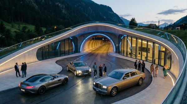 Futuristic exterior of a luxury tunnel with vibrant lighting