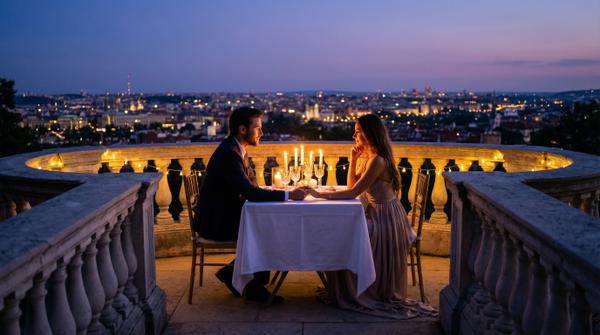 Elegant dusk terrace dining set with opulent decor and ambiance