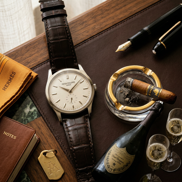Patek Philippe and Dom Pérignon on antique walnut desk detail