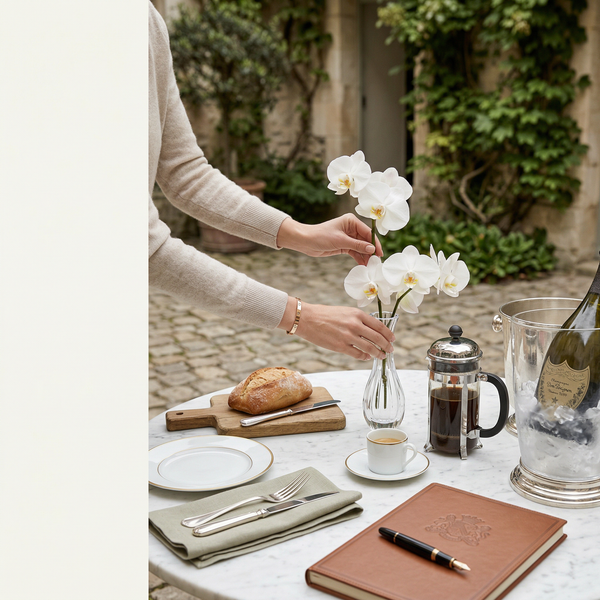 Courtyard breakfast flatlay with orchids, Hermès linens, and Champagne