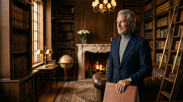 Old-money mansion library portrait with Brunello Cucinelli heir