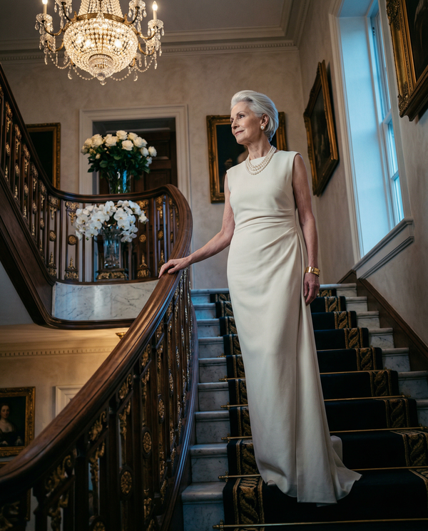 Grand staircase portrait in Brunello Cucinelli silk gown at night