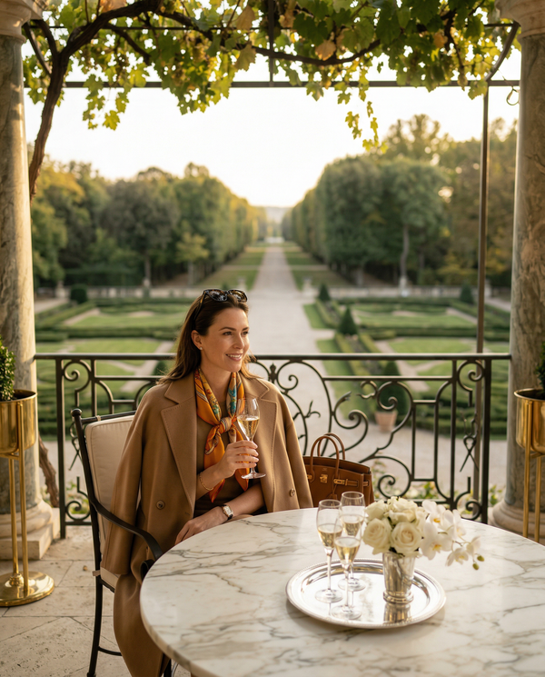 Marble terrace golden hour aperitif with Loro Piana coat
