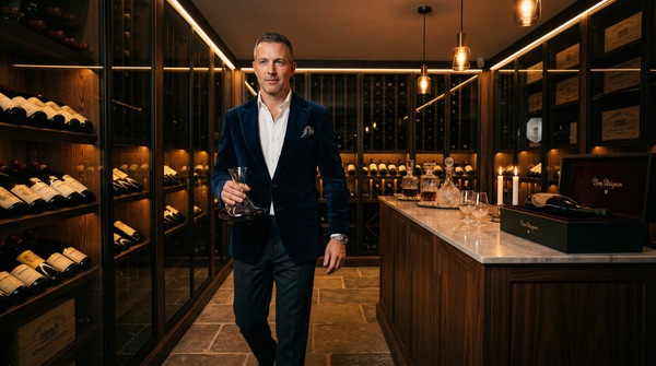 Private wine cellar tasting walkthrough with Tom Ford blazer