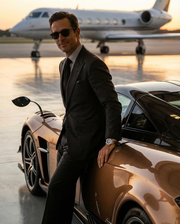 Luxury lifestyle car owner posing with a Pagani, epitomizing opulence.