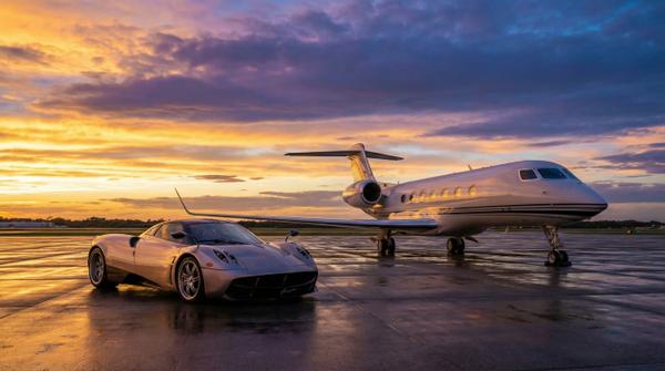 Sunset scene with a private jet and hypercar, representing ultimate luxury travel.