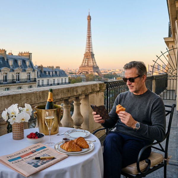Paris suite balcony breakfast with Veuve Clicquot and Eiffel sunrise