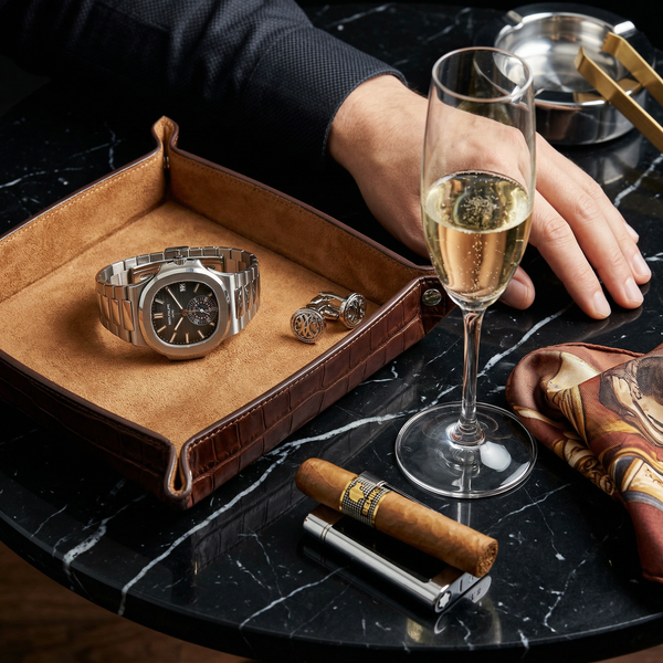 Patek Nautilus and Dom Pérignon on Nero Marquina marble table