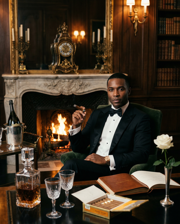 Dining portrait in Paris suite with Tom Ford tuxedo and fireplace