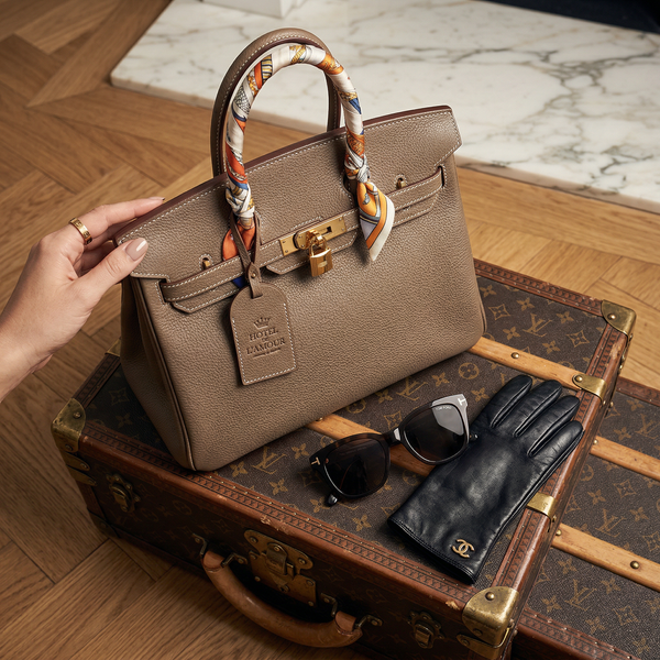 Hermès Birkin on Louis Vuitton trunk with hotel luggage tag detail