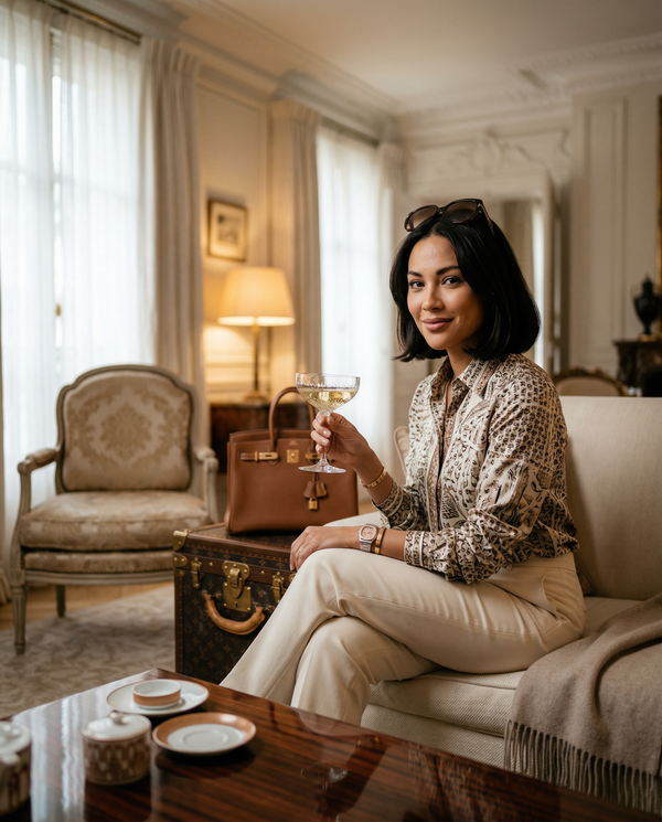 Paris suite living room with Brunello Cucinelli sofa and Hermès Birkin