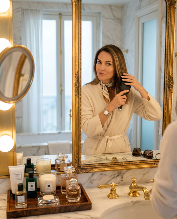 Paris suite vanity mirror reflection with Loro Piana robe and Hermès