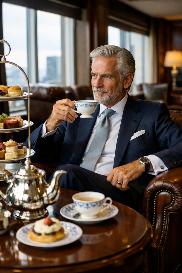 Gentleman in Brioni suit enjoying afternoon tea in a luxury lounge.