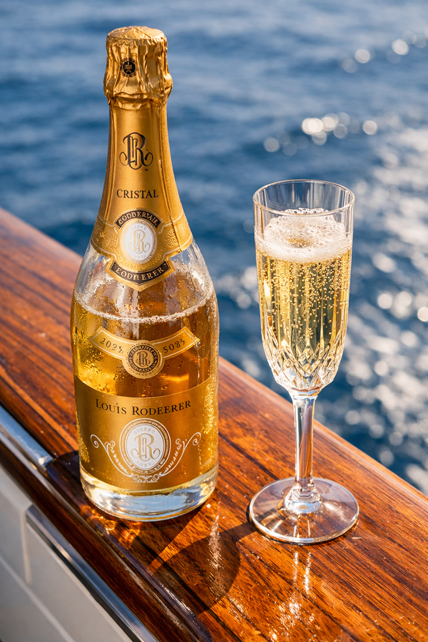 Cristal champagne bottle and flute on a luxury yacht railing.