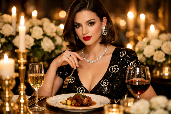 Glamorous woman enjoys a luxurious dinner in a Gucci gown.