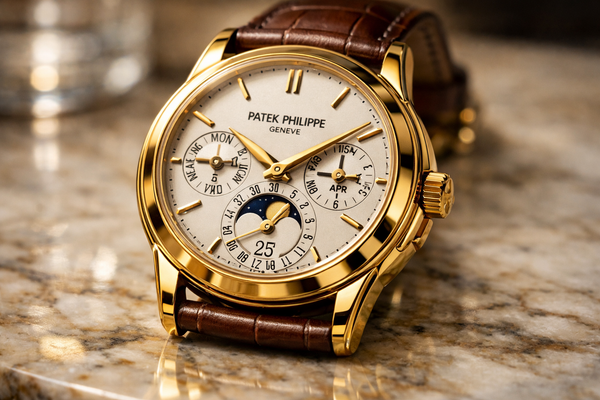 Close-up of a Patek Philippe watch on a luxurious marble surface.