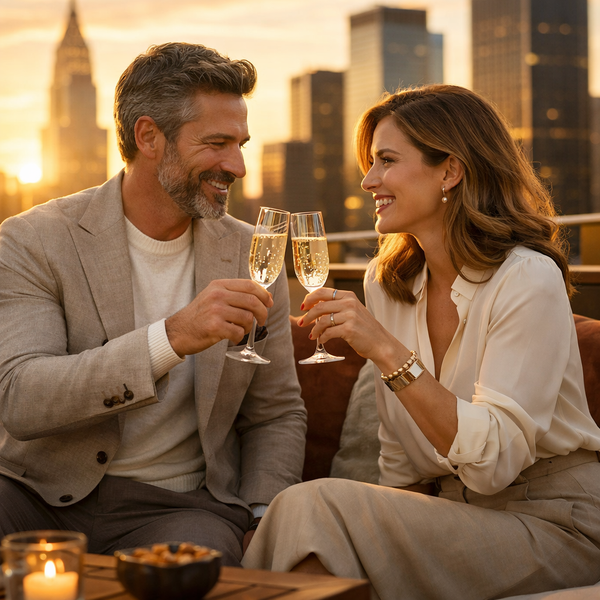 Affluent couple toasts at sunset on a penthouse rooftop.