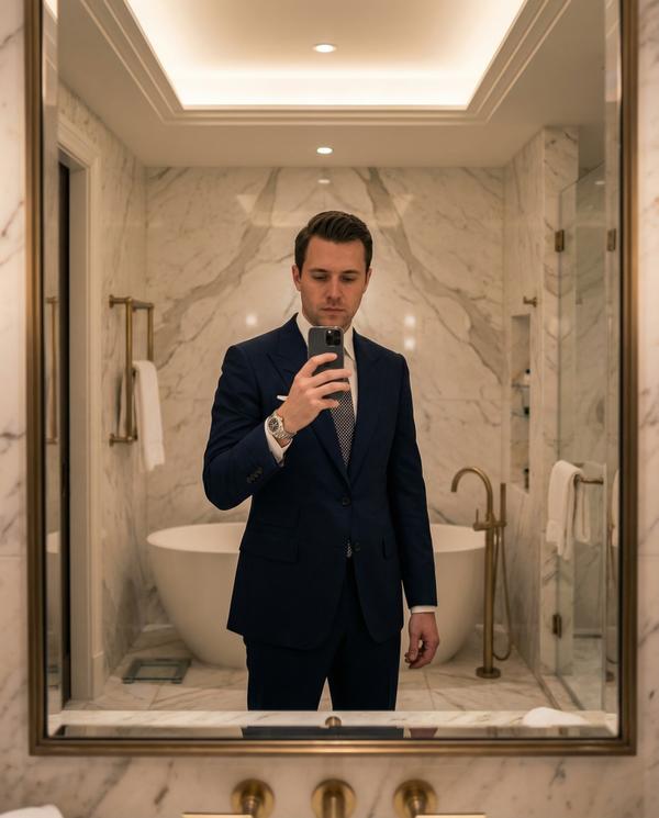 Luxury marble bathroom selfie with elegant decor and fixtures