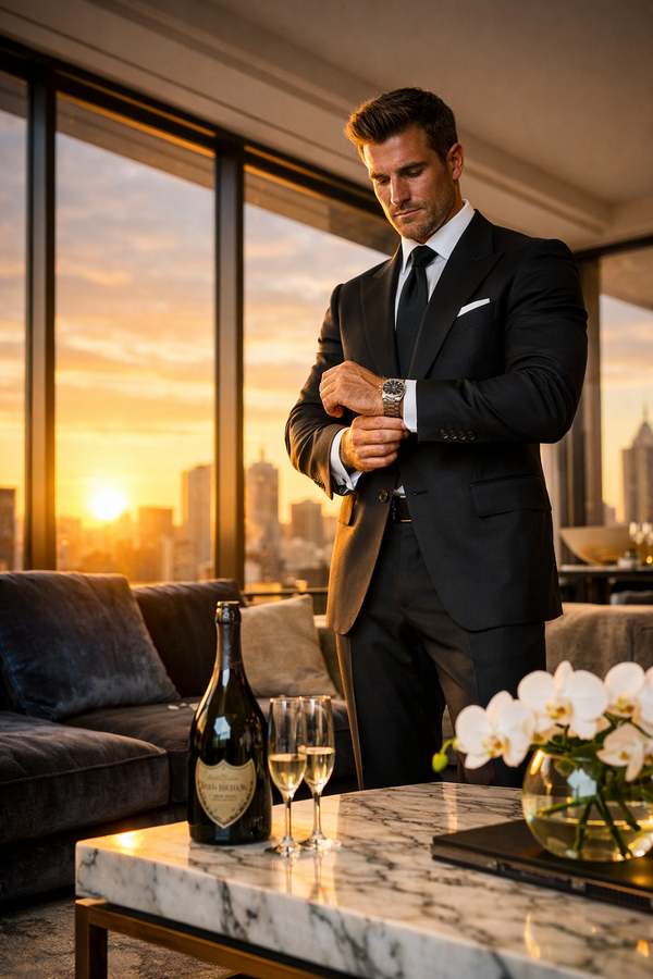 Stylish man adjusts Rolex in a luxurious penthouse with city view.