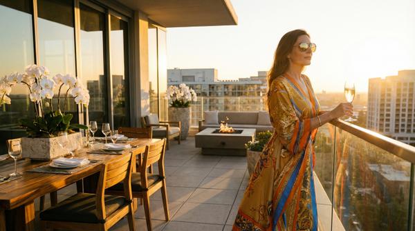 Chic penthouse sunset champagne toast with stunning skyline view