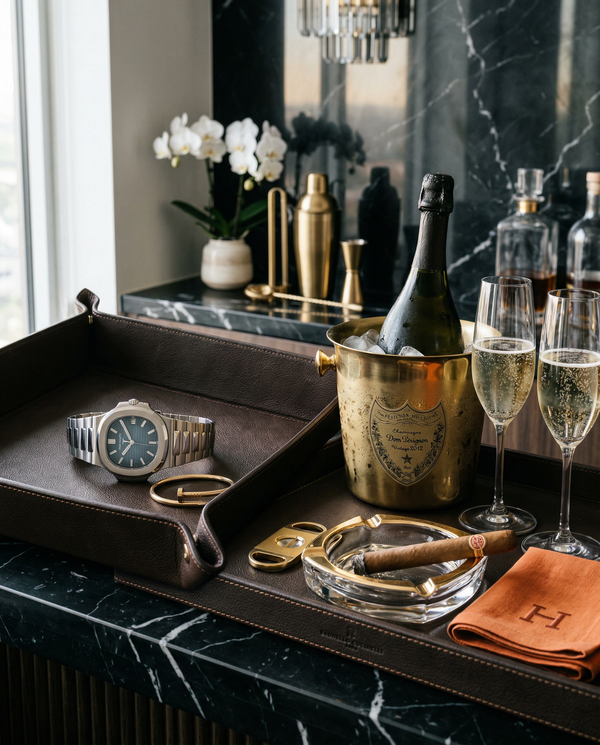 Patek watch and Dom Pérignon on Nero Marquina marble with orchids